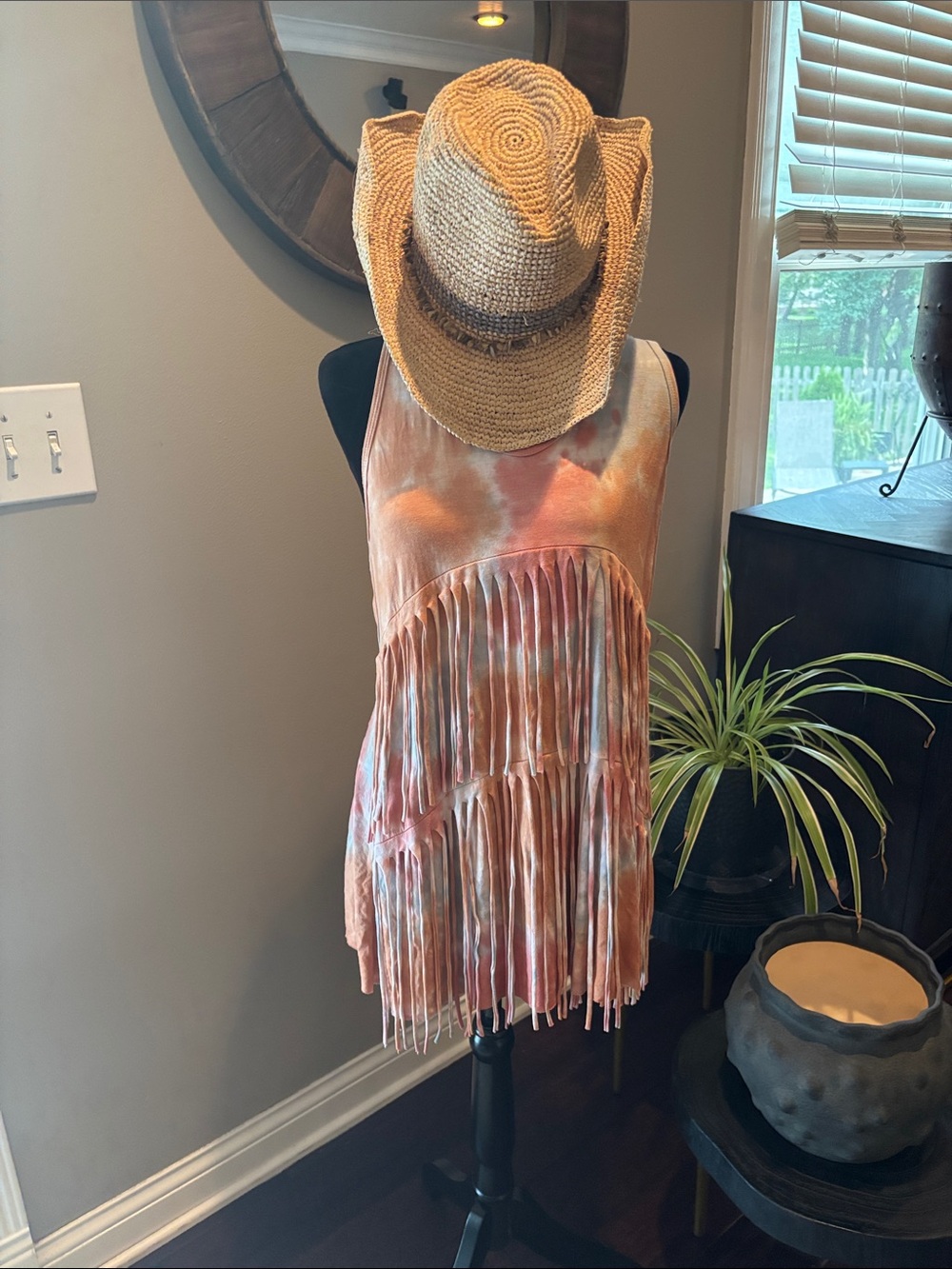 Tie-Dye Fringe Sleeveless Tank Top - Peach Pink